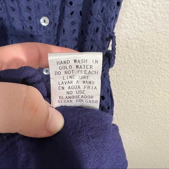 𝅺Entro Eyelet Lace Off Shoulder Button Down Mini Dress w/Pockets Navy Blue Sz M - Picture 5 of 6